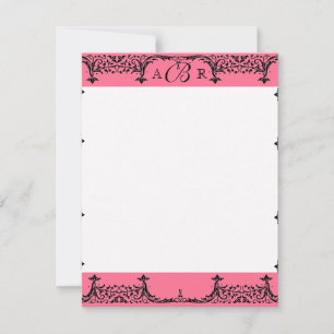 Invitation Noir, blanc et rose chaud Damas Merci Notes