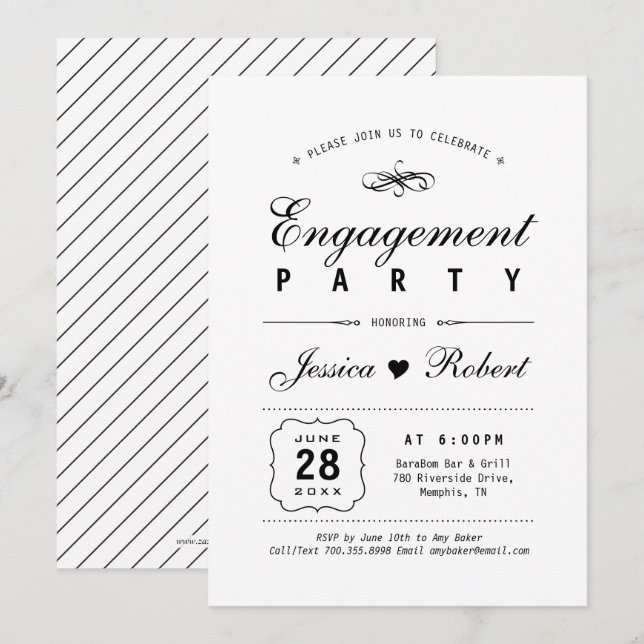 Invitation Noir & Blanc | Fête de Fiançailles Élégante (Devant / Derrière)