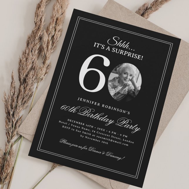 Invitation Noir + Blanc | Fête surprise pour 60 ans (Black + White | Surprise 60th Birthday Party Invitation)