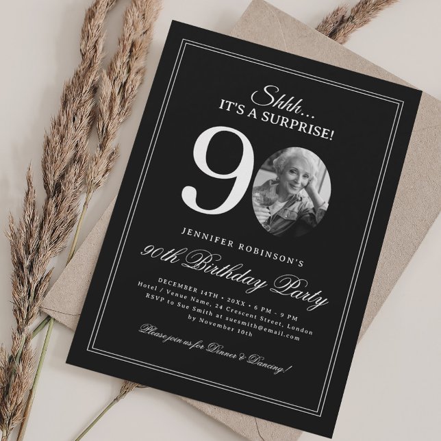 Invitation Noir + Blanc | Fête surprise pour 90e anniversaire (Black + White | Surprise 90th Birthday Party Invitation)