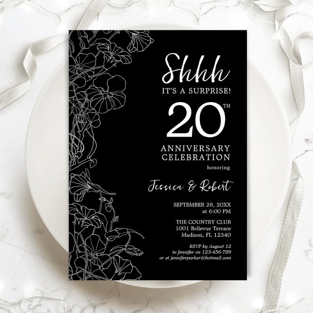Invitation Noir Blanc Floral Surprise 20e Anniversaire (Créateur téléchargé)