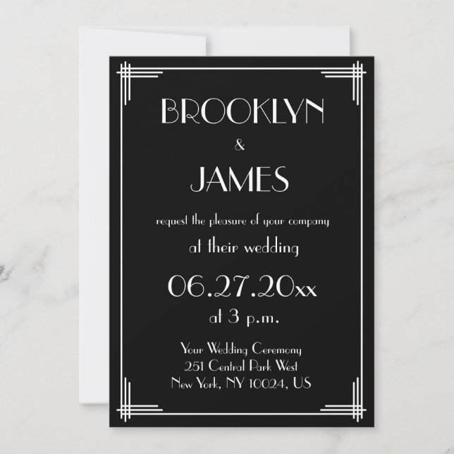 Invitation Noir Blanc Grand Gatsby Art Déco Mariage Invite (Devant)
