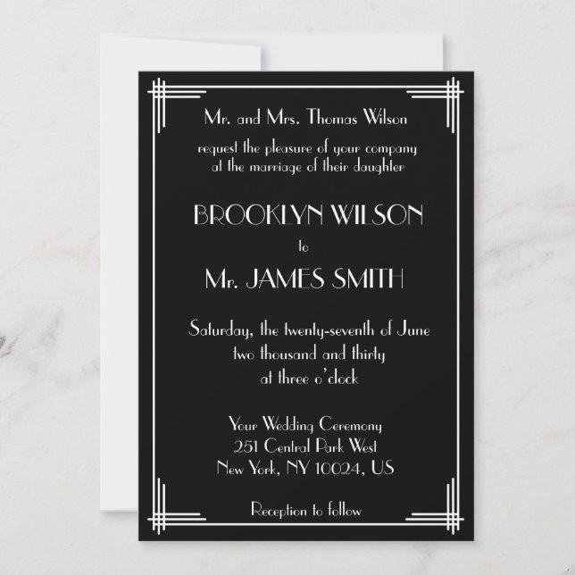 Invitation Noir Blanc Grand Gatsby Art Déco Mariage Invite (Devant)
