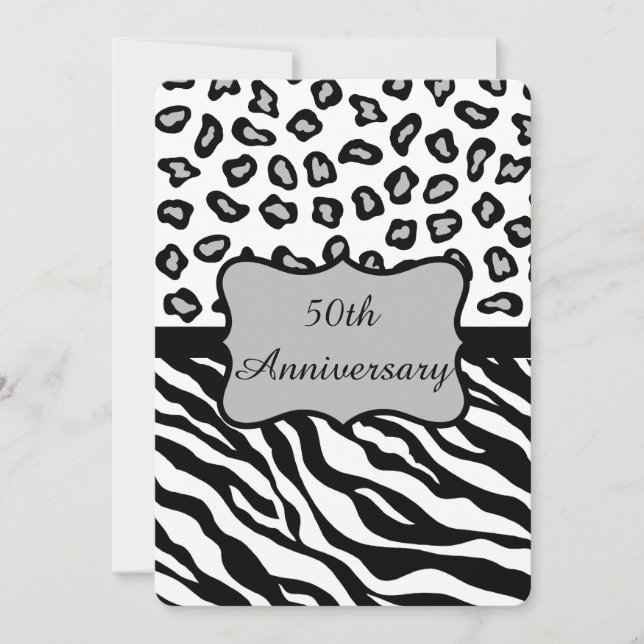 Invitation Noir Blanc Gris Zèbre Léopard 50e Anniversaire (Devant)