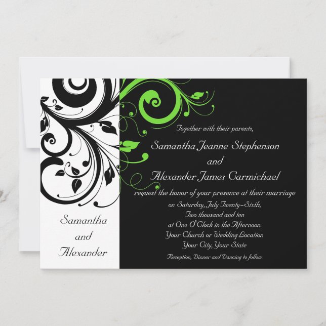 Invitation Noir/Blanc/Lime Vert Gras Mariage (Devant)