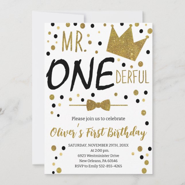 Invitation Noir & Blanc, M.Onederful Anniversaire, 1er Annive (Devant)