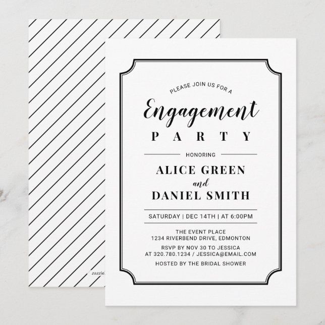 Invitation Noir & Blanc | Mariage Classique Fiançailles (Devant / Derrière)