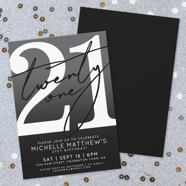 Invitation Noir Blanc Moderne 21e Anniversaire (Black White Modern 21st Birthday Invitation)