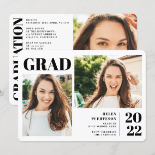 Invitation Noir blanc moderne 3 photos graduation