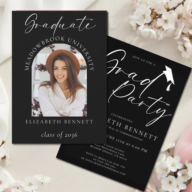 Invitation Noir Blanc Moderne Arche Photo Fête de Remise de D (Créateur téléchargé)