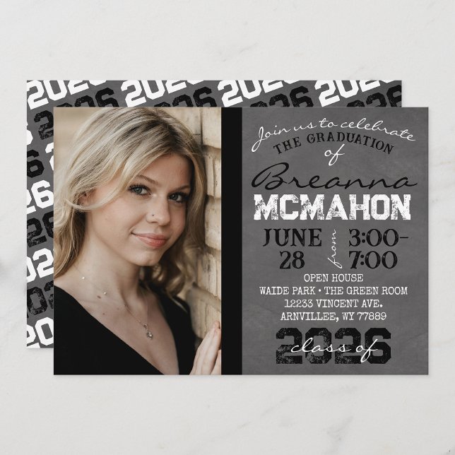 Invitation Noir & Blanc Moderne Chalkboard Graduation (Repeating Class Year Chalkboard Graduation Photo Invitations)