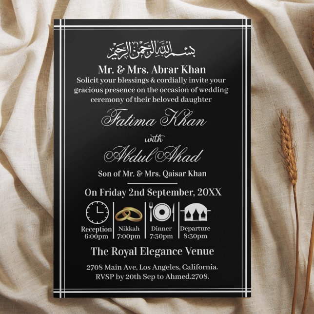 Invitation Noir blanc moderne Islam Nikah Mariage musulman (Créateur téléchargé)