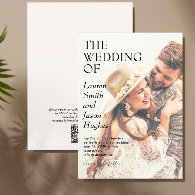 Invitation Noir & Blanc moderne QR Code Photo Boho Mariage (Créateur téléchargé)