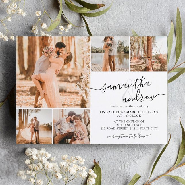 Invitation Noir blanc moderne script 6 photos mariage (Créateur téléchargé)