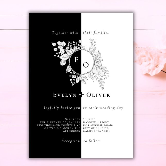 Invitation Noir Blanc Monogramme Crest Élégant Mariage Floral (Créateur téléchargé)