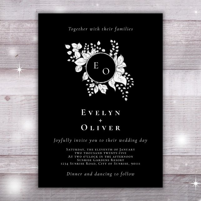 Invitation Noir Blanc Monogramme Floral Crest Élégant Mariage (Créateur téléchargé)