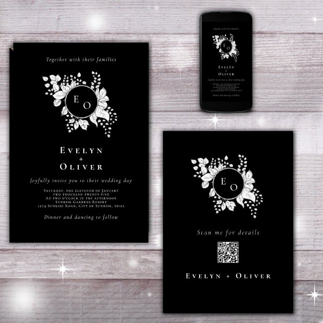 Invitation Noir Blanc Monogramme Floral QRCode Mariage élégan (Créateur téléchargé)