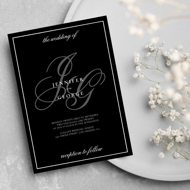 Invitation Noir blanc monogramme initiales mariage romantique (Black white monogram initials romantic wedding invitation )
