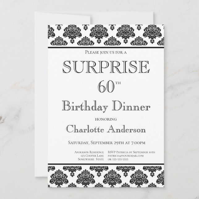 Invitation Noir Blanc Motif Surprise 60e anniversaire Dîner (Devant)