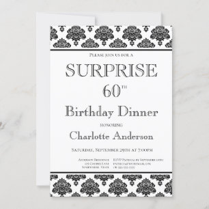 Invitation Noir Blanc Motif Surprise 60e anniversaire Dîner