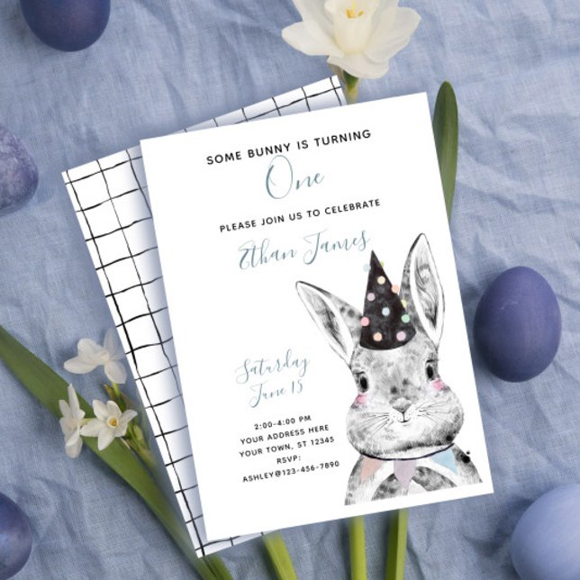 Invitation Noir & Blanc Neutre Quelque Lapin a une Fête d'ann (Créateur téléchargé)