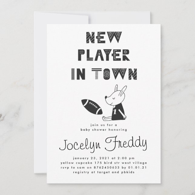 Invitation Noir & Blanc Nouveau Joueur En Ville Baby shower G (Devant)