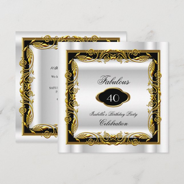 Invitation Noir Blanc Or Fabuleux 40ème Élégant Anniversaire (Devant / Derrière)
