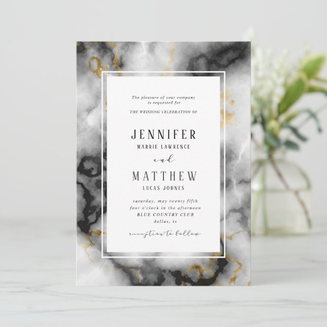 Invitation Noir Blanc Or Foil Agate Marbre Mariage (Debout devant)