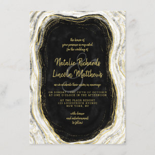 Invitation Noir Blanc & Or Géode Agate Marbre Mariage