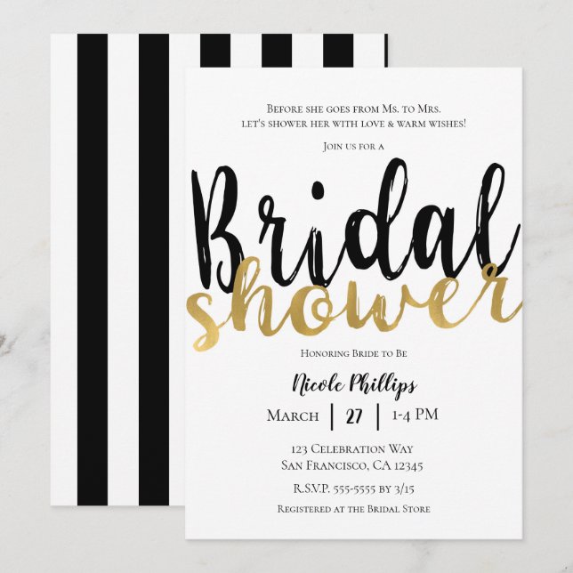 Invitation Noir Blanc Or Glamour Moderne Réception de Mariage (Devant / Derrière)
