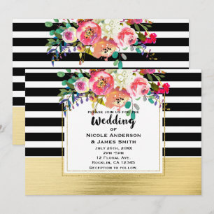 Invitation Noir Blanc Or Moderne Floral Glamour Mariage Chic
