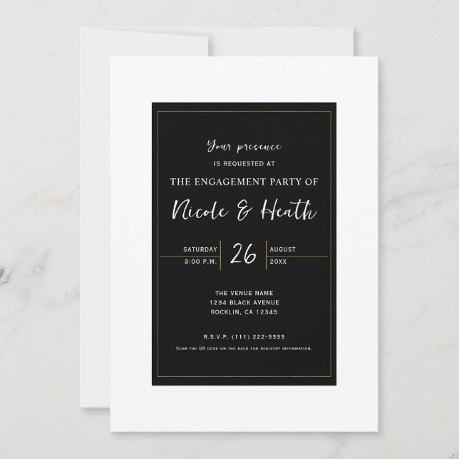 Invitation Noir Blanc Or moderne minimal Fiançailles élégant (Devant)
