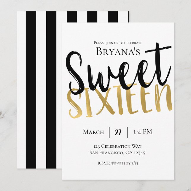 Invitation Noir Blanc Or Moderne Sweet 16 SEIZE Fête (Devant / Derrière)