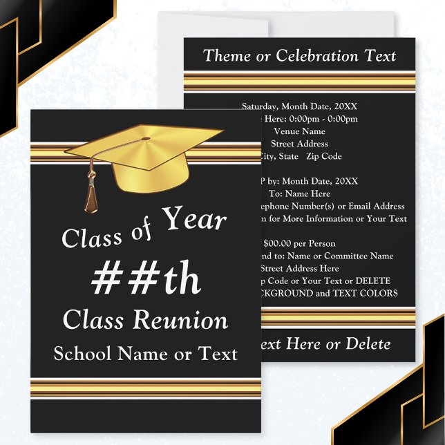 Invitation Noir, Blanc, Or, Réunion de classe personnalisée (Personalized Black Gold, Class Reunion Invitations. 50th, 40th, 30th class reunion invitations.)