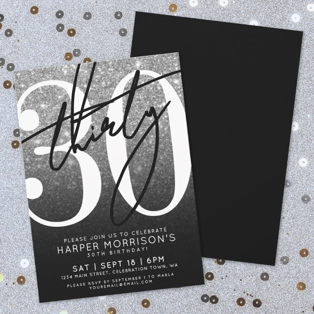 Invitation Noir Blanc Paillettes 30ème Anniversaire (Black White Glitter 30th Birthday Invitation)