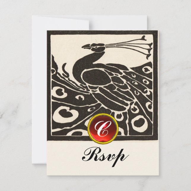 Invitation NOIR BLANC PEACOCK, ROUGE RUBY GEM MONOGRAM Rsvp (Devant)