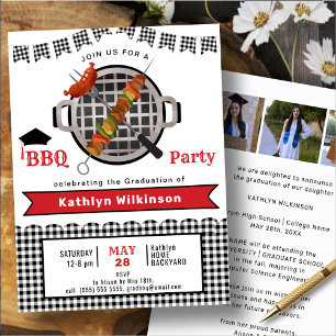 Invitation Noir Blanc Plaid Rouge 3 Photo Graduation BBQ Part