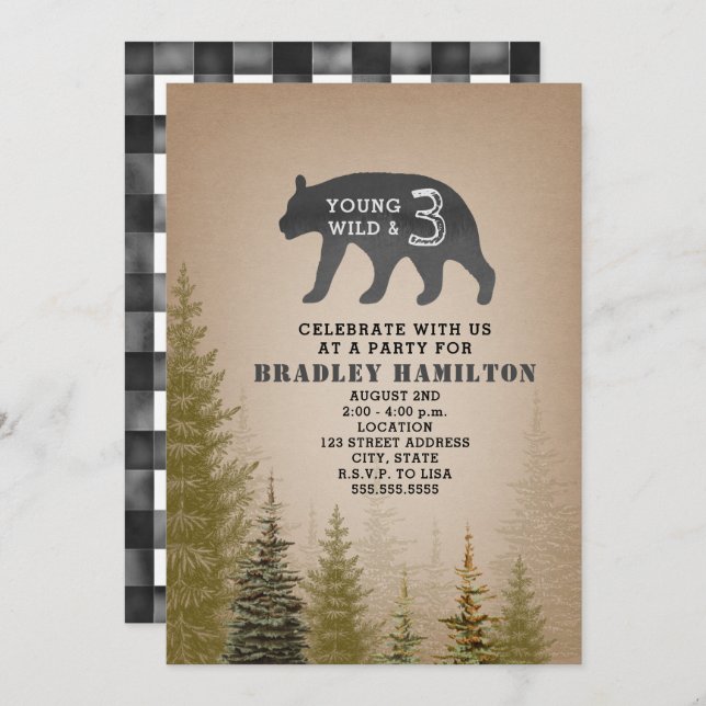 Invitation Noir + Blanc Plaid Young Wild & 3 Ours Anniversair (Devant / Derrière)