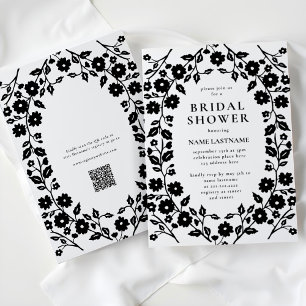 Invitation Noir blanc QR Code Folk Fête des mariées florale