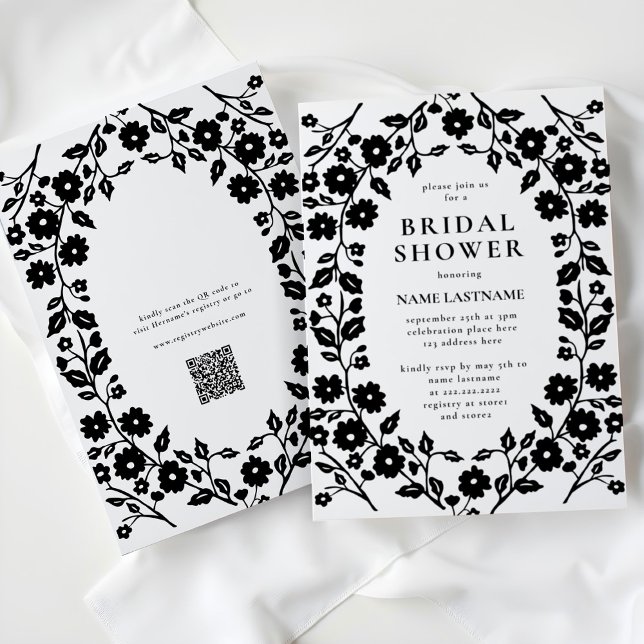 Invitation Noir blanc QR Code Folk Fête des mariées florale (Créateur téléchargé)