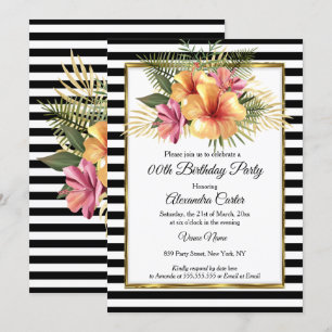 Invitation Noir Blanc Rayure Or Hibiscus Floral Anniversaire