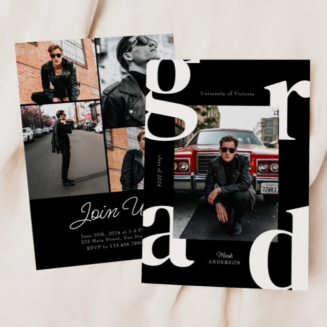 Invitation Noir & Blanc Retro Bold Classe de 2024 Graduation (Créateur téléchargé)