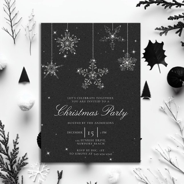 Invitation Noir Blanc Rhinestone Snowflake Parties scintillan (rhinestones glitter christmas party invitation elegant black white modern minimalist classy stylish )