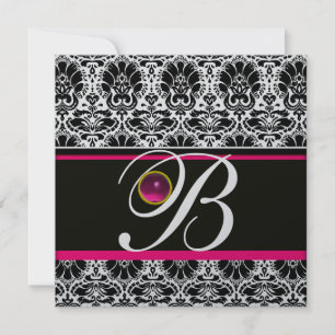 Invitation NOIR BLANC ROSE DAMASSÉ MONOGRAMME Améthyste Argen
