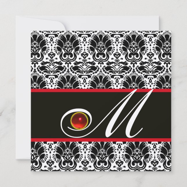 Invitation NOIR BLANC ROUGE CHAMPAGNE DAMAS MONOGRAMME Rubis (Devant)