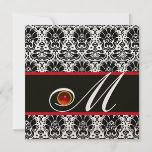 Invitation NOIR BLANC ROUGE CHAMPAGNE DAMAS MONOGRAMME Rubis
