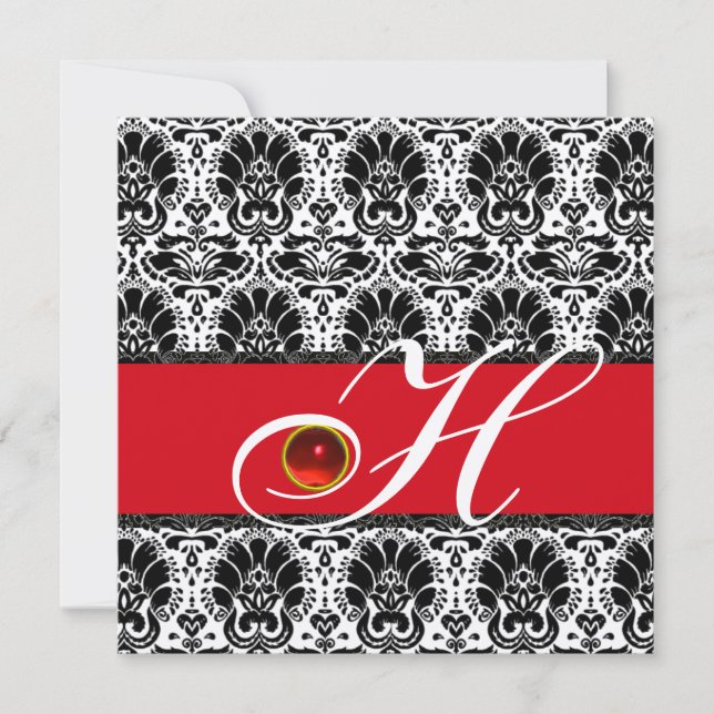 Invitation NOIR BLANC ROUGE CHAMPAGNE DAMAS MONOGRAMME Rubis (Devant)