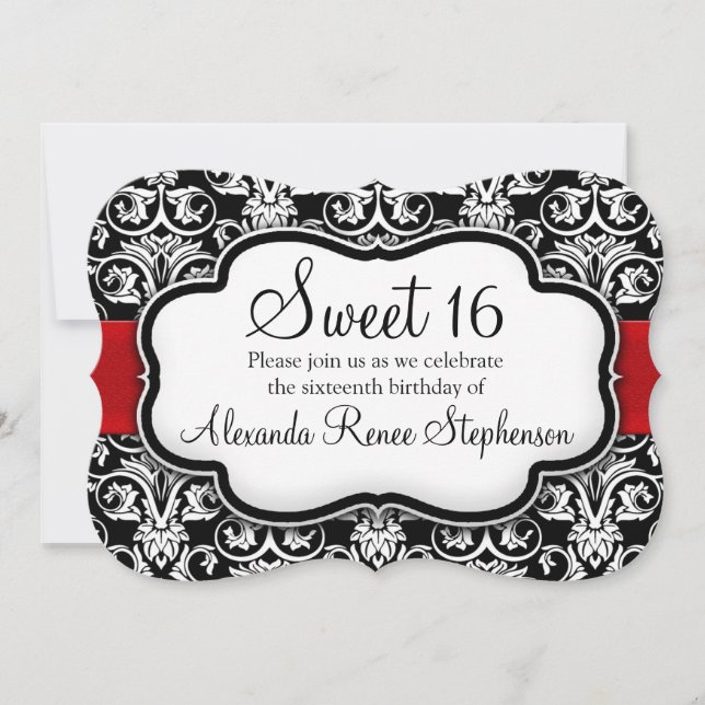 Invitation Noir/Blanc/Rouge Damas en forme Sweet 16 Filles Fê (Devant)