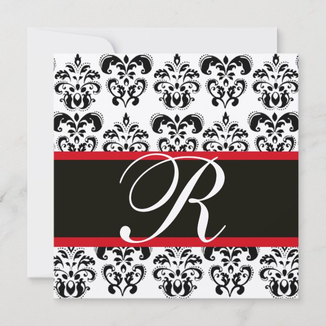 INVITATION NOIR & BLANC  ROUGE  DAMAS MONOGRAMME (Devant)
