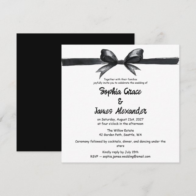 Invitation Noir & Blanc Ruban | Élégant Mariage | Monochrome (Devant / Derrière)